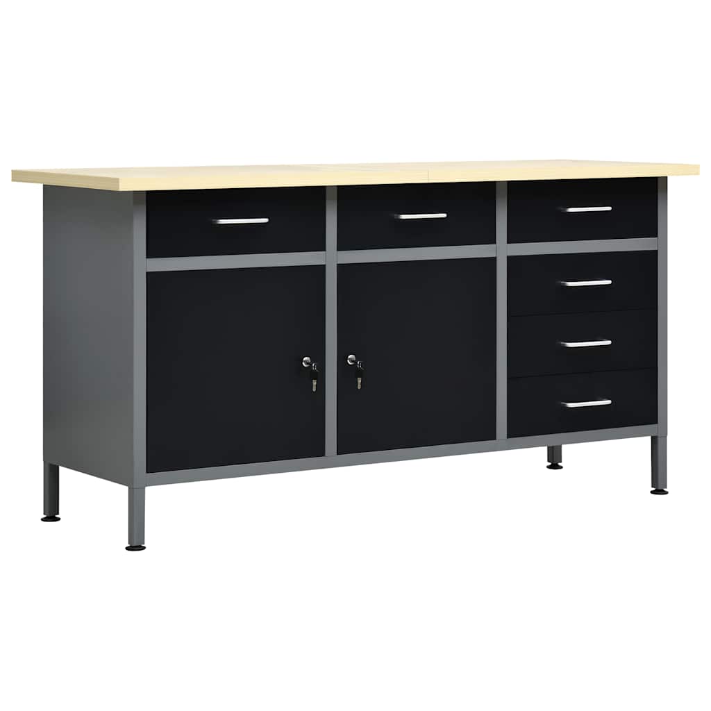 Stahl-Arbeitstisch 160 cm mit 6 Schubladen & 2 Schränken