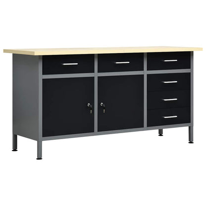 Stahl-Arbeitstisch 160 cm mit 6 Schubladen & 2 Schränken
