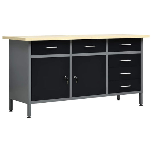 Stahl-Arbeitstisch 160 cm mit 6 Schubladen & 2 Schränken