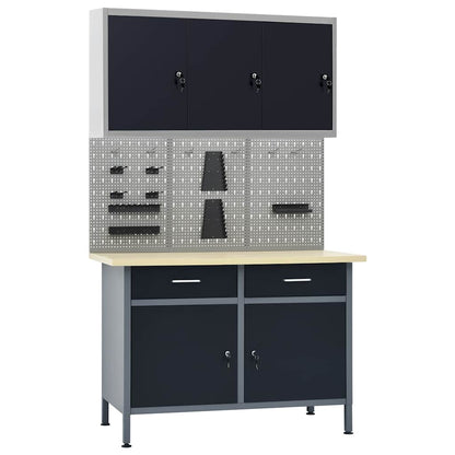 Werkbank 120 cm mit 3 Werkzeugwänden & Wandschrank