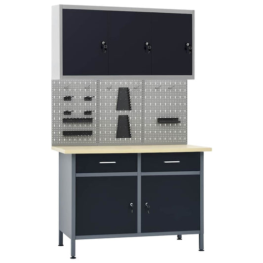 Werkbank 120 cm mit 3 Werkzeugwänden & Wandschrank