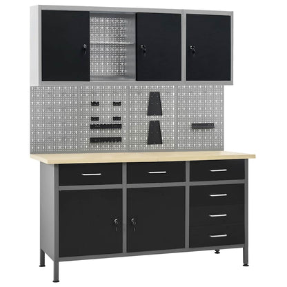 Werkbank 160 cm mit 4 Werkzeugwänden & 2 Wandschränken