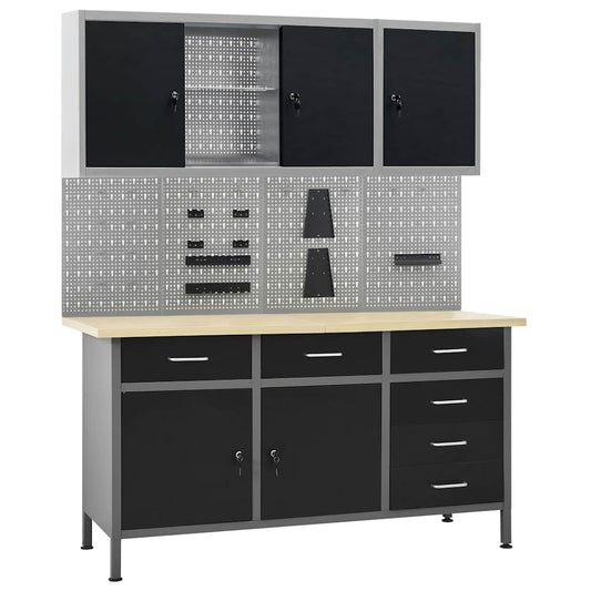 Werkbank 160 cm mit 4 Werkzeugwänden & 2 Wandschränken