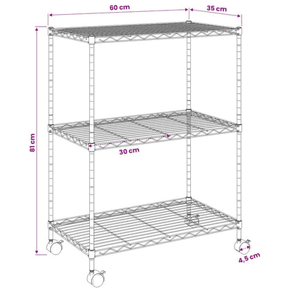 Lagerregal mit 3 Böden und Rollen 60x35x81 cm Schwarz 150 kg