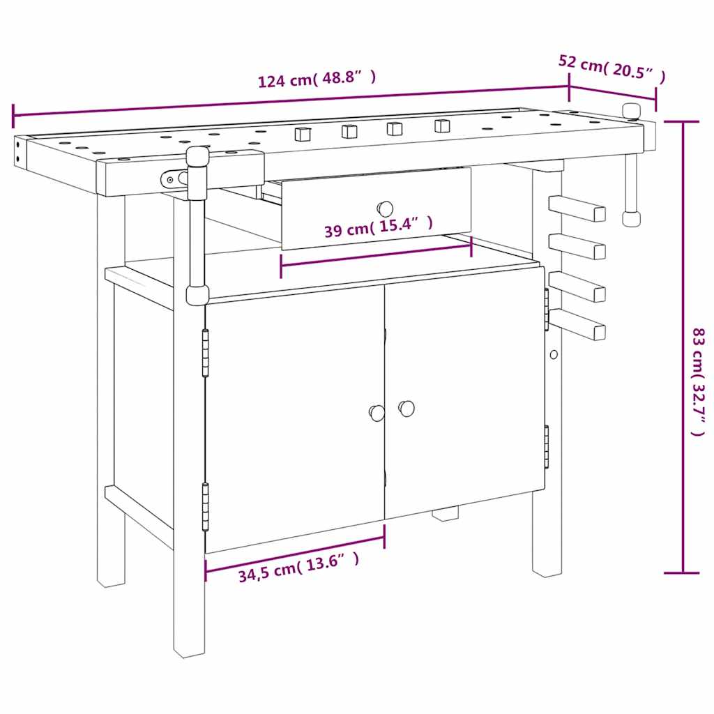 Werkbank mit Schublade und Schraubstöcken 124x52x83 cm
