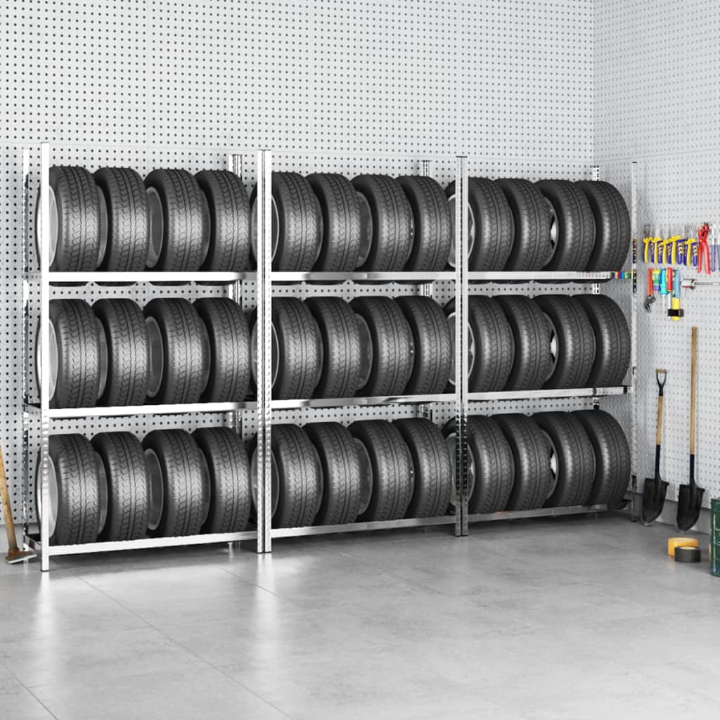 Reifenregale mit 3 B�den 3 Stk. Silbern 110x40x200 cm Stahl