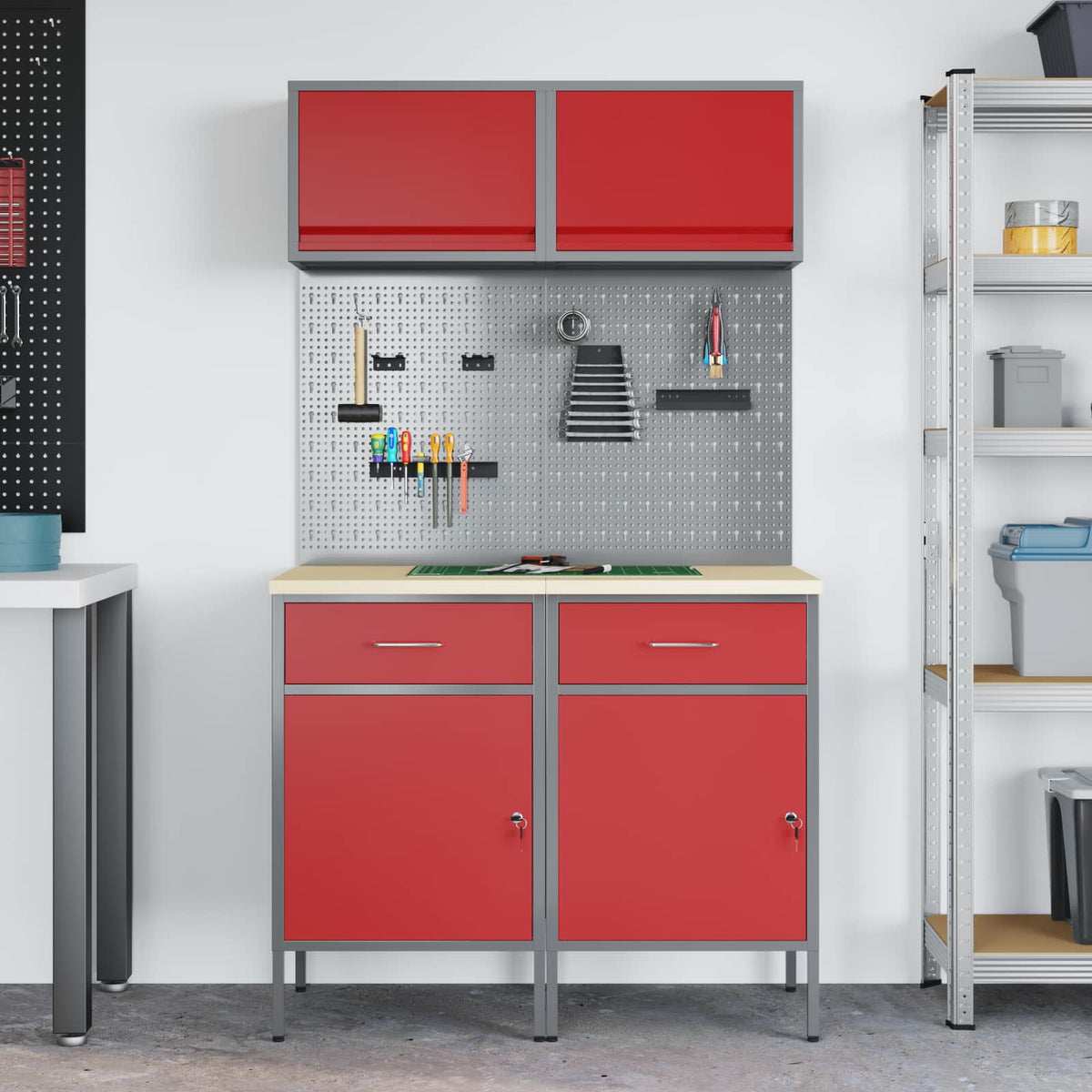 Werkstattschrank-Systeme – verschiedene Ausführungen und Farben – Rot · 100 cm · 2 Schubladen + 2 Türen – Ansicht 4