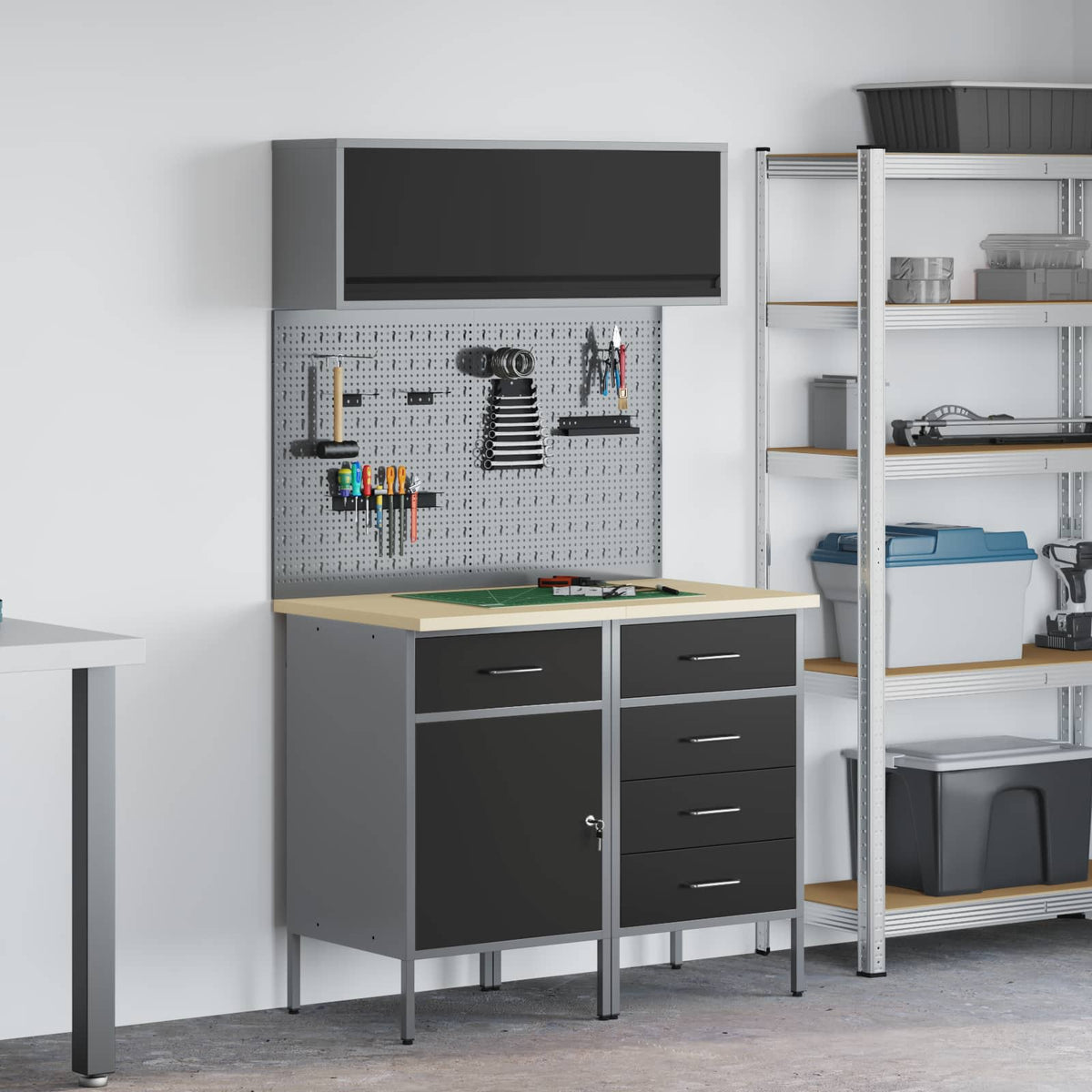 Werkstattschrank-Systeme – verschiedene Ausführungen und Farben – Schwarz · 100 cm · 5 Schubladen + 1 Tür – Ansicht 1