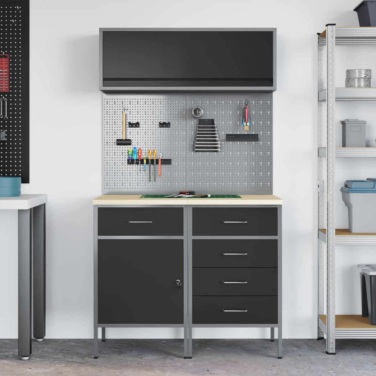 Werkstattschrank-Systeme – verschiedene Ausführungen und Farben – Schwarz · 100 cm · 5 Schubladen + 1 Tür – Ansicht 4