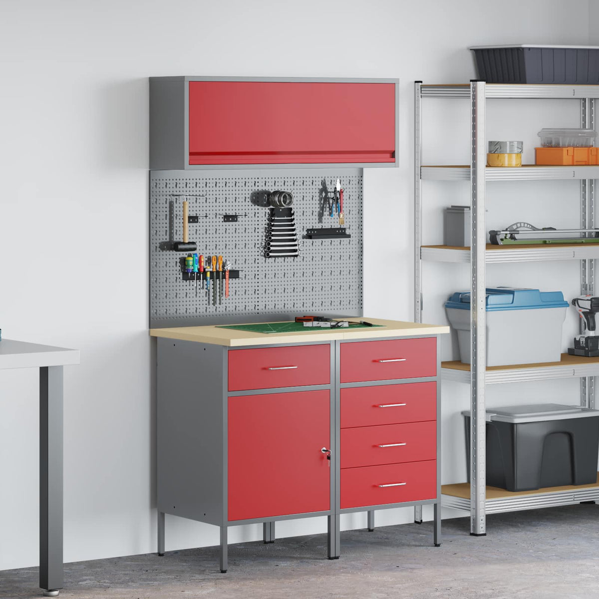 Werkstattschrank-Systeme – verschiedene Ausführungen und Farben – Rot · 100 cm · 5 Schubladen + 1 Tür – Ansicht 1