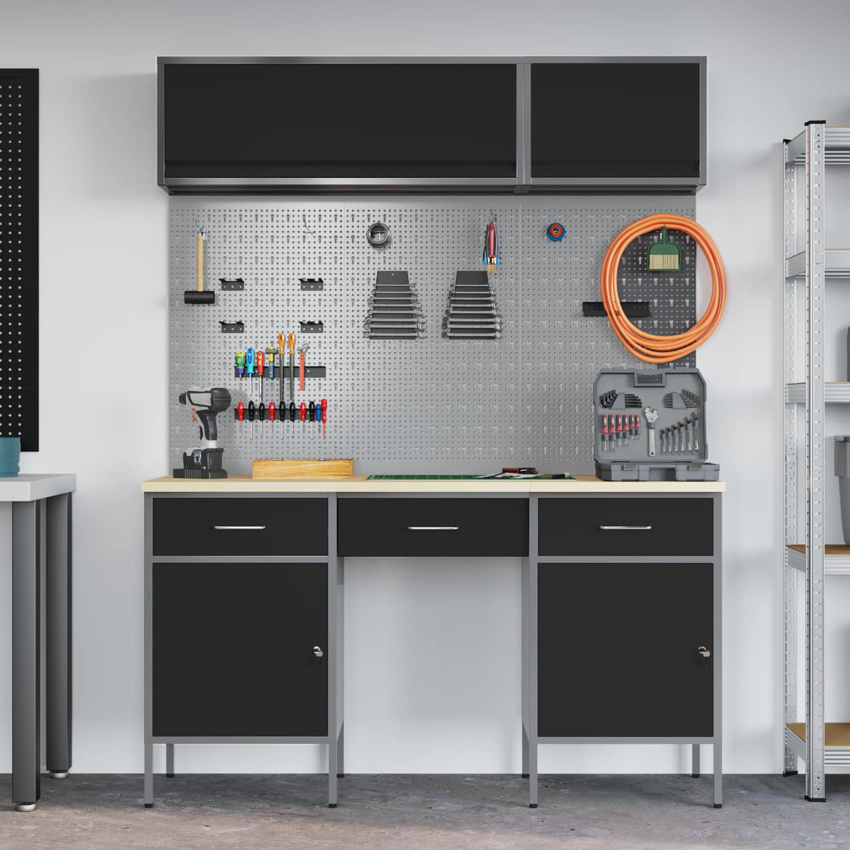 Werkstattschrank-Systeme – verschiedene Ausführungen und Farben – Schwarz · 8 Schubladen + Regal – Ansicht 4