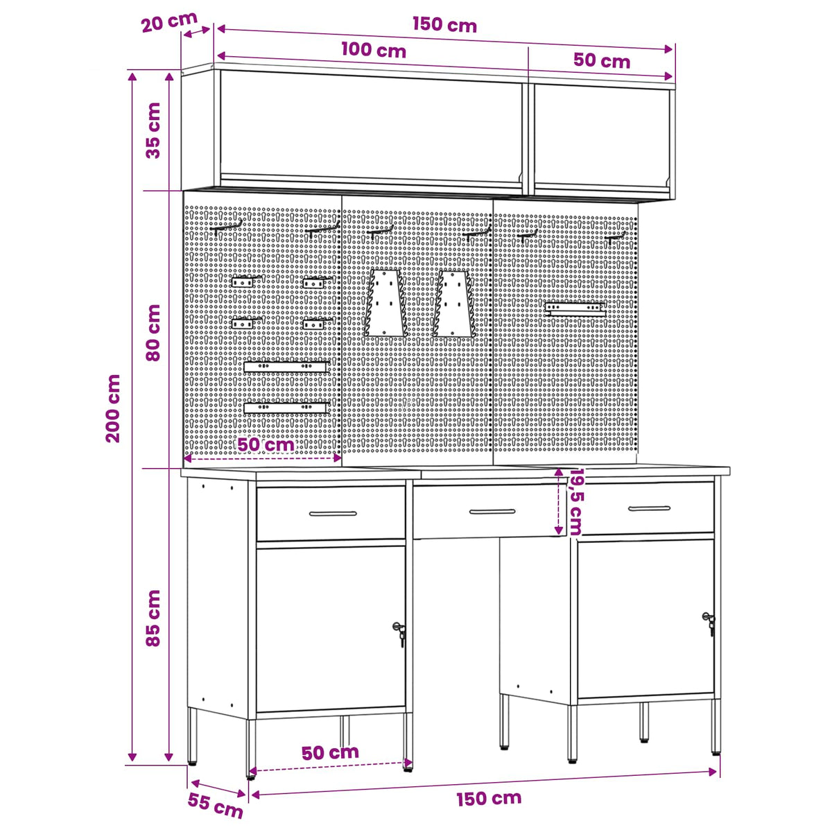 Werkstattschrank-Systeme – verschiedene Ausführungen und Farben – Schwarz · 8 Schubladen + Regal – Ansicht 14
