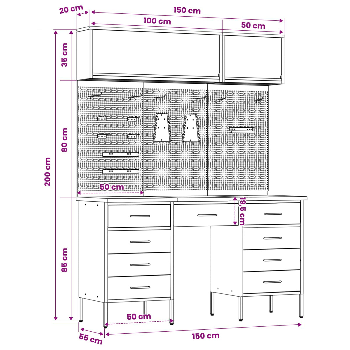 Werkstattschrank-Systeme – verschiedene Ausführungen und Farben – Schwarz · 8 Schubladen + Speicher · Variante B – Ansicht 13