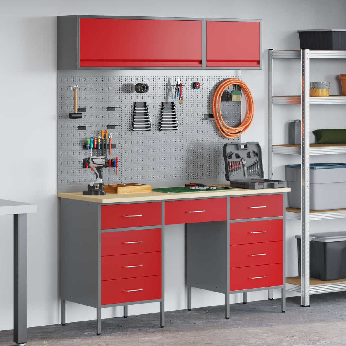 Werkstattschrank-Systeme – verschiedene Ausführungen und Farben – Rot · 8 Schubladen + Speicher · Variante B – Ansicht 1