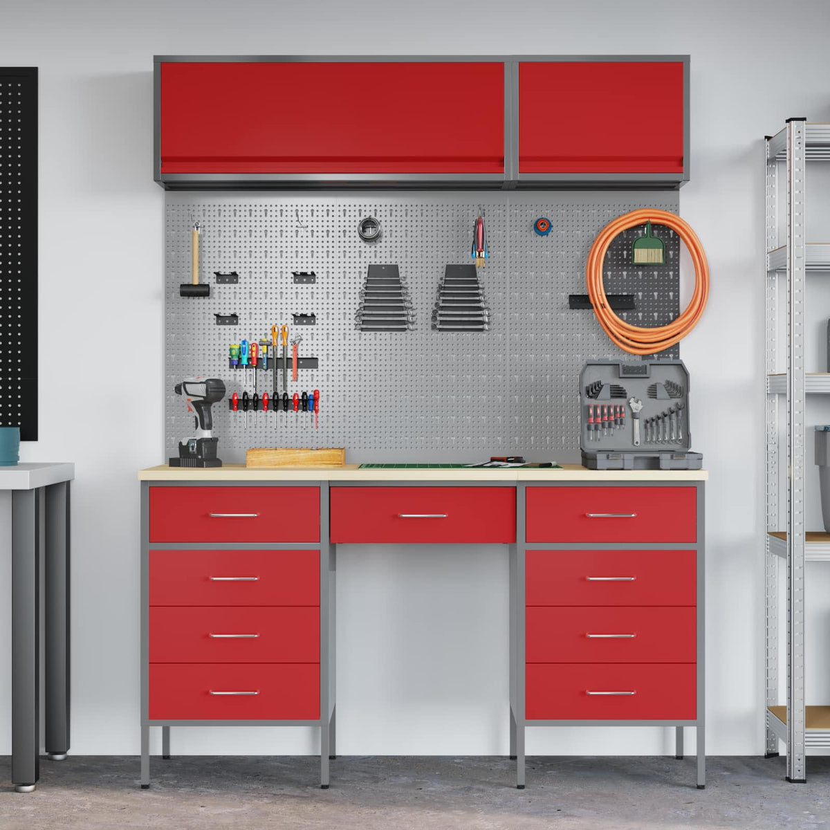 Werkstattschrank-Systeme – verschiedene Ausführungen und Farben – Rot · 8 Schubladen + Speicher · Variante B – Ansicht 4