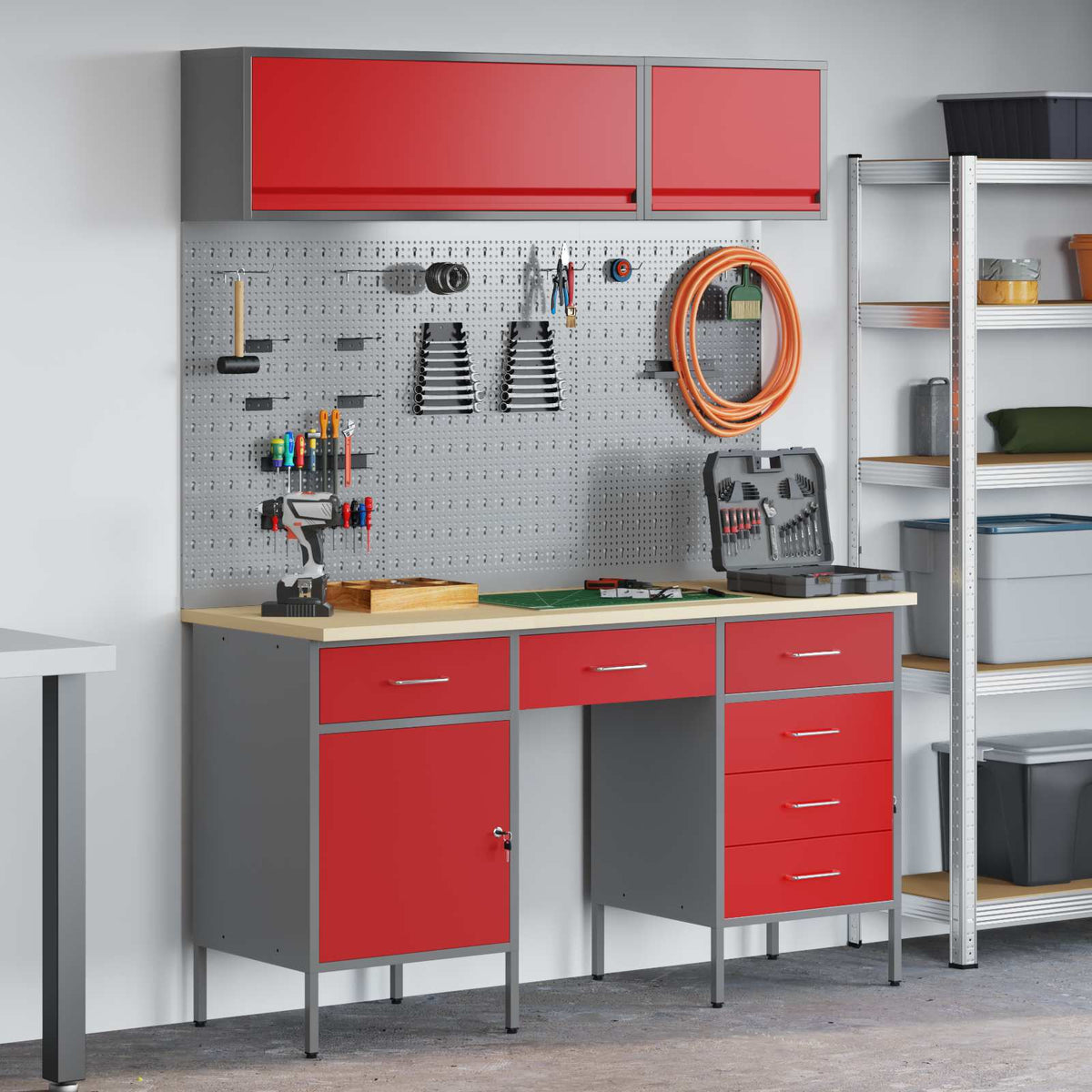 Werkstattschrank-Systeme – verschiedene Ausführungen und Farben – Rot · 8 Schubladen + Speicher · Variante C – Ansicht 1