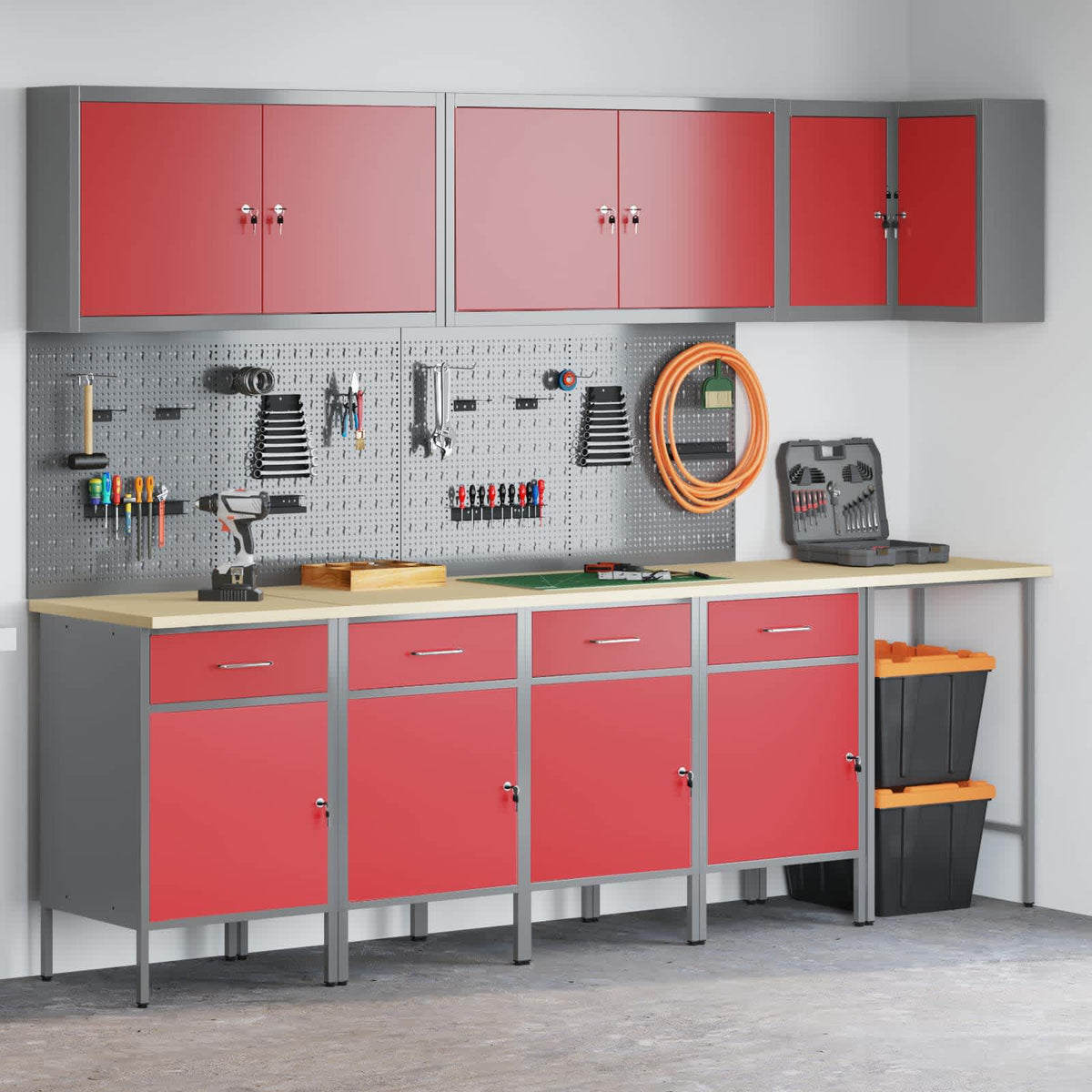 Werkstattschrank-Systeme – verschiedene Ausführungen und Farben – Rot · 12 Schubladen + 2 Türen + Regal – Ansicht 4