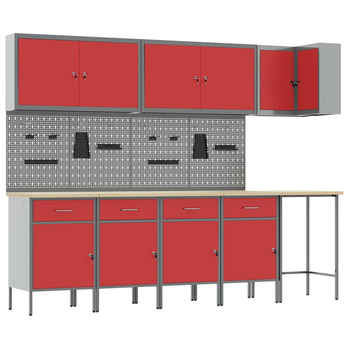 Werkstattschrank-Systeme – verschiedene Ausführungen und Farben – Rot · 12 Schubladen + 2 Türen + Regal – Ansicht 2