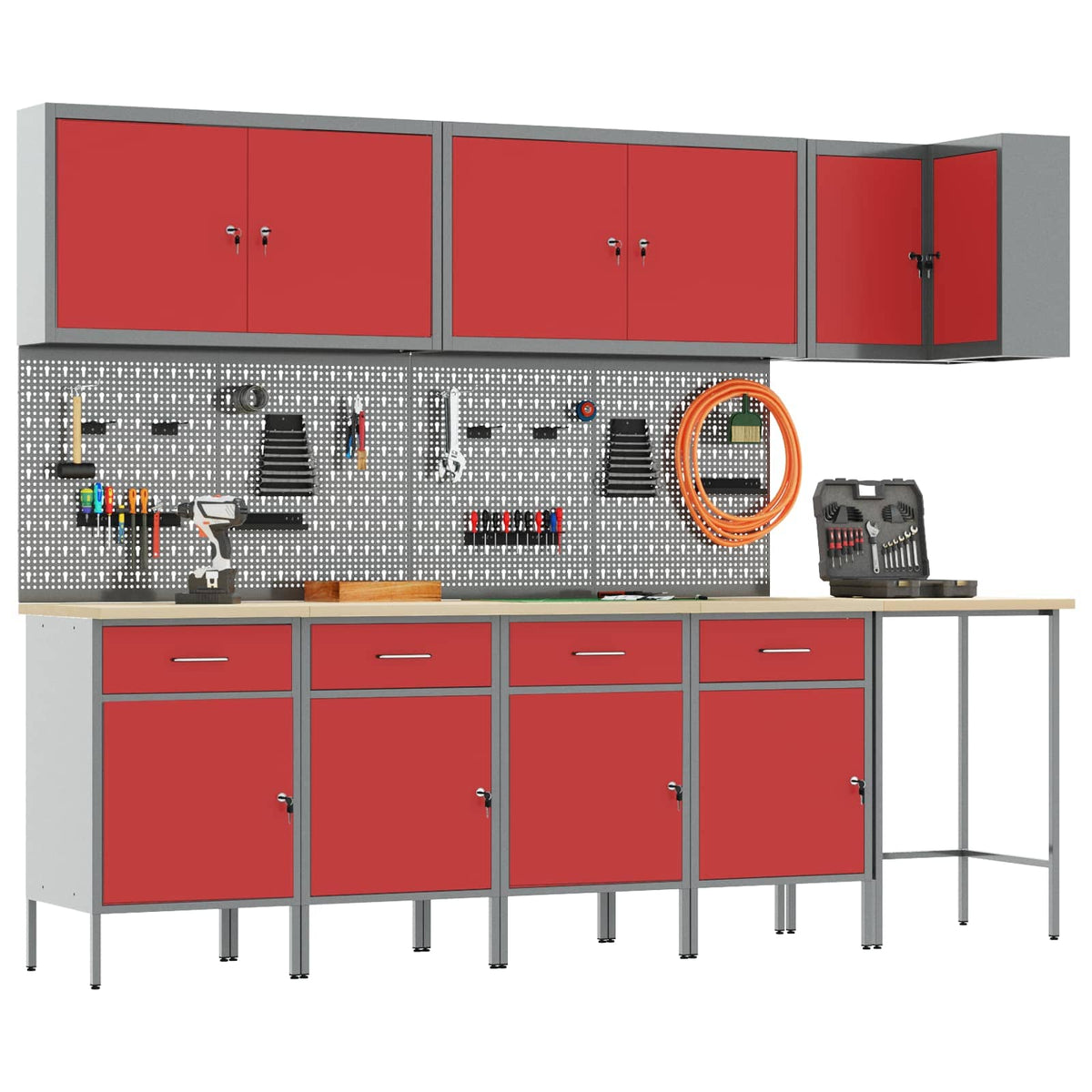 Werkstattschrank-Systeme – verschiedene Ausführungen und Farben – Rot · 12 Schubladen + 2 Türen + Regal – Ansicht 3