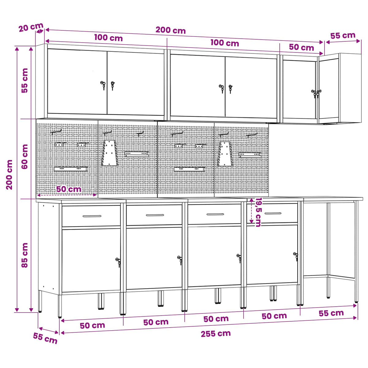 Werkstattschrank-Systeme – verschiedene Ausführungen und Farben – Rot · 12 Schubladen + 2 Türen + Regal – Ansicht 15