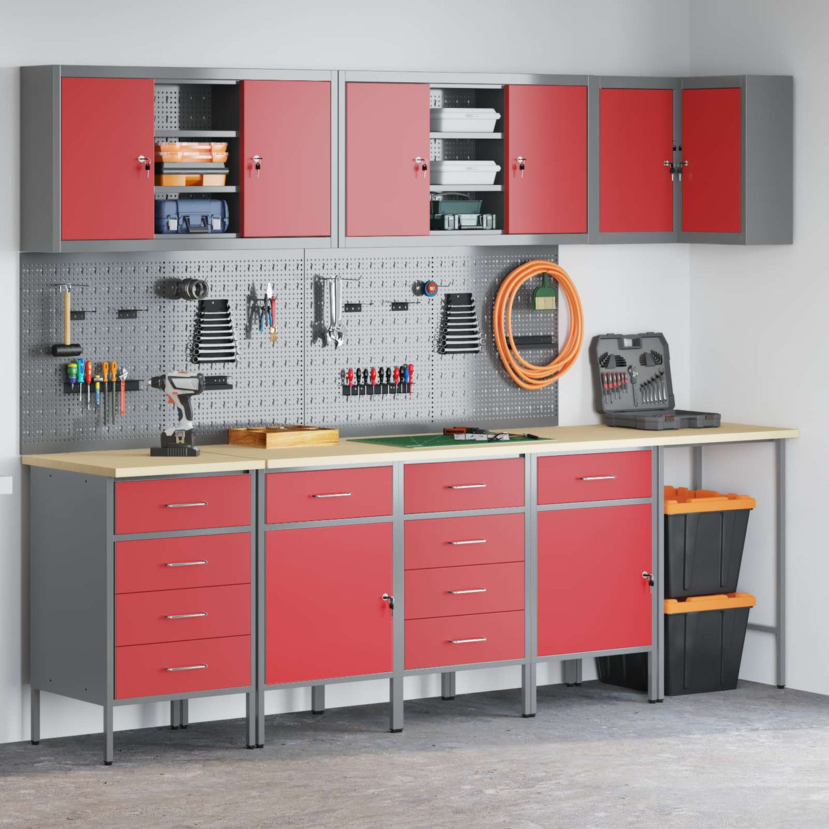 Werkstattschrank-Systeme – verschiedene Ausführungen und Farben – Schwarz · 12 Schubladen + 2 Türen · Variante B – Ansicht 4