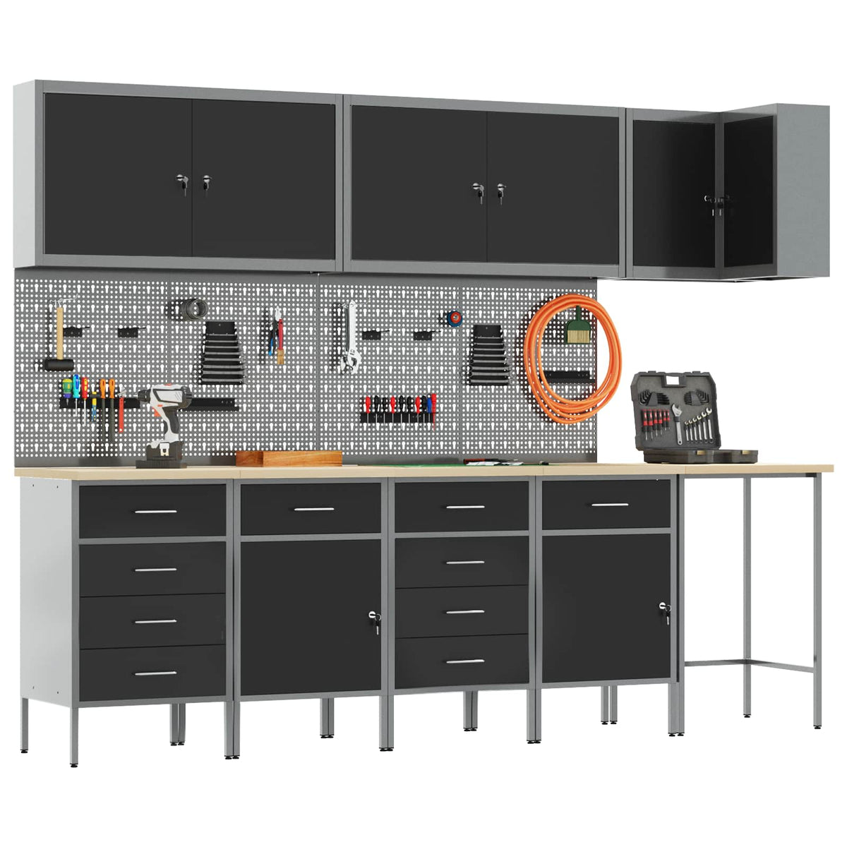 Werkstattschrank-Systeme – verschiedene Ausführungen und Farben – Schwarz · 12 Schubladen + 2 Türen · Variante C – Ansicht 3