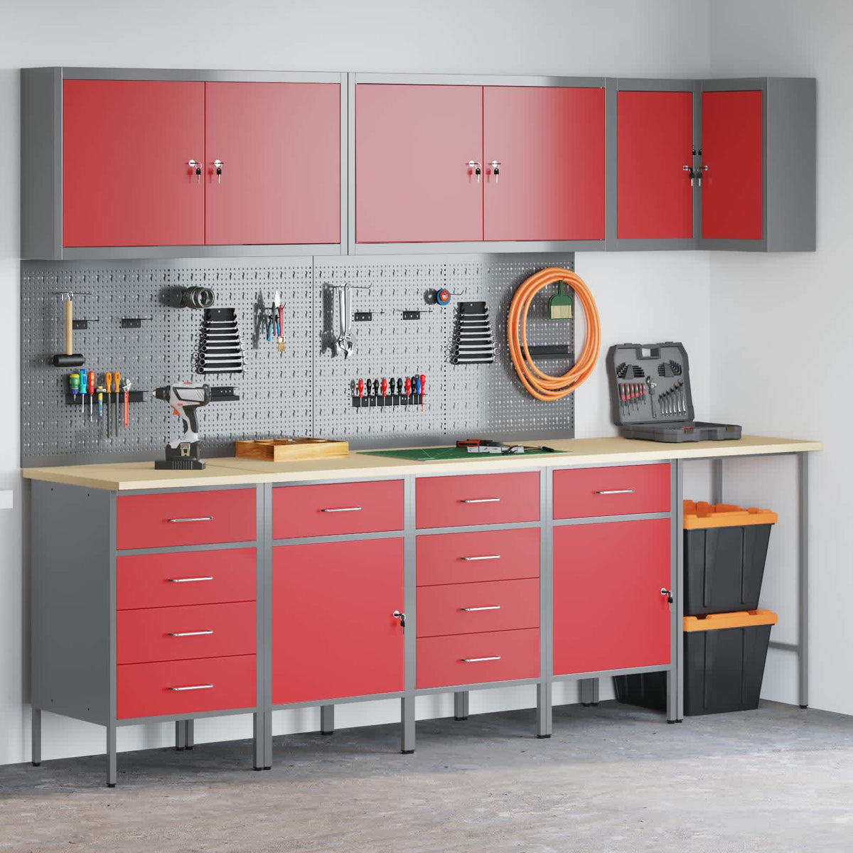 Werkstattschrank-Systeme – verschiedene Ausführungen und Farben – Rot · 12 Schubladen + Regal · Variante C – Ansicht 4