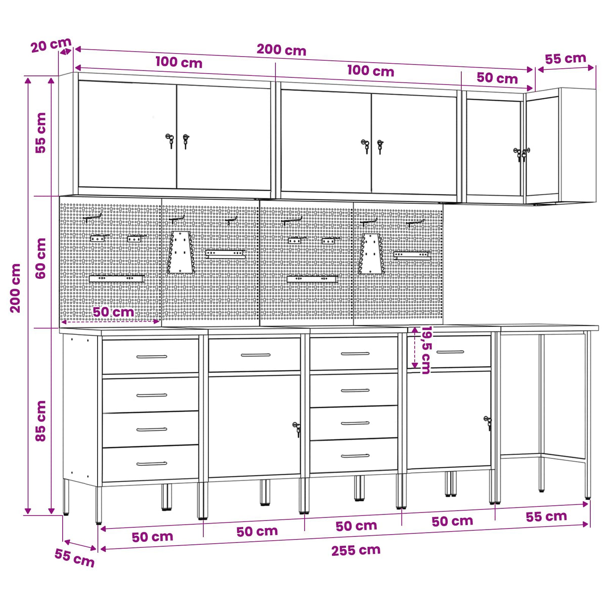 Werkstattschrank-Systeme – verschiedene Ausführungen und Farben – Rot · 12 Schubladen + Regal · Variante C – Ansicht 15