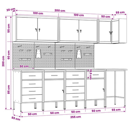 Werkstattschrank-Systeme – verschiedene Ausführungen und Farben – Rot · 12 Schubladen + Regal · Variante C – Ansicht 15