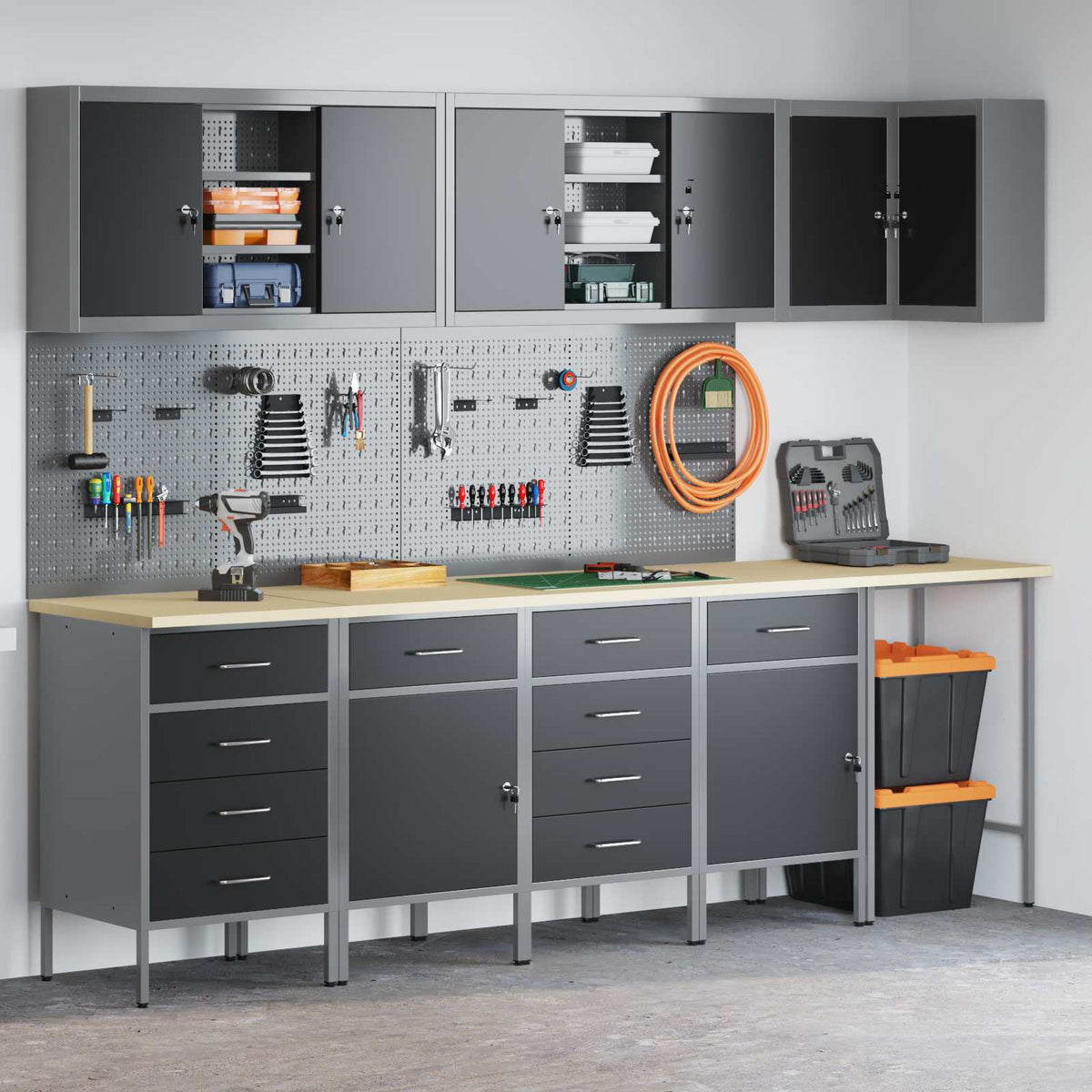 Werkstattschrank-Systeme – verschiedene Ausführungen und Farben – Schwarz · 12 Schubladen + 2 Türen · Variante D – Ansicht 4