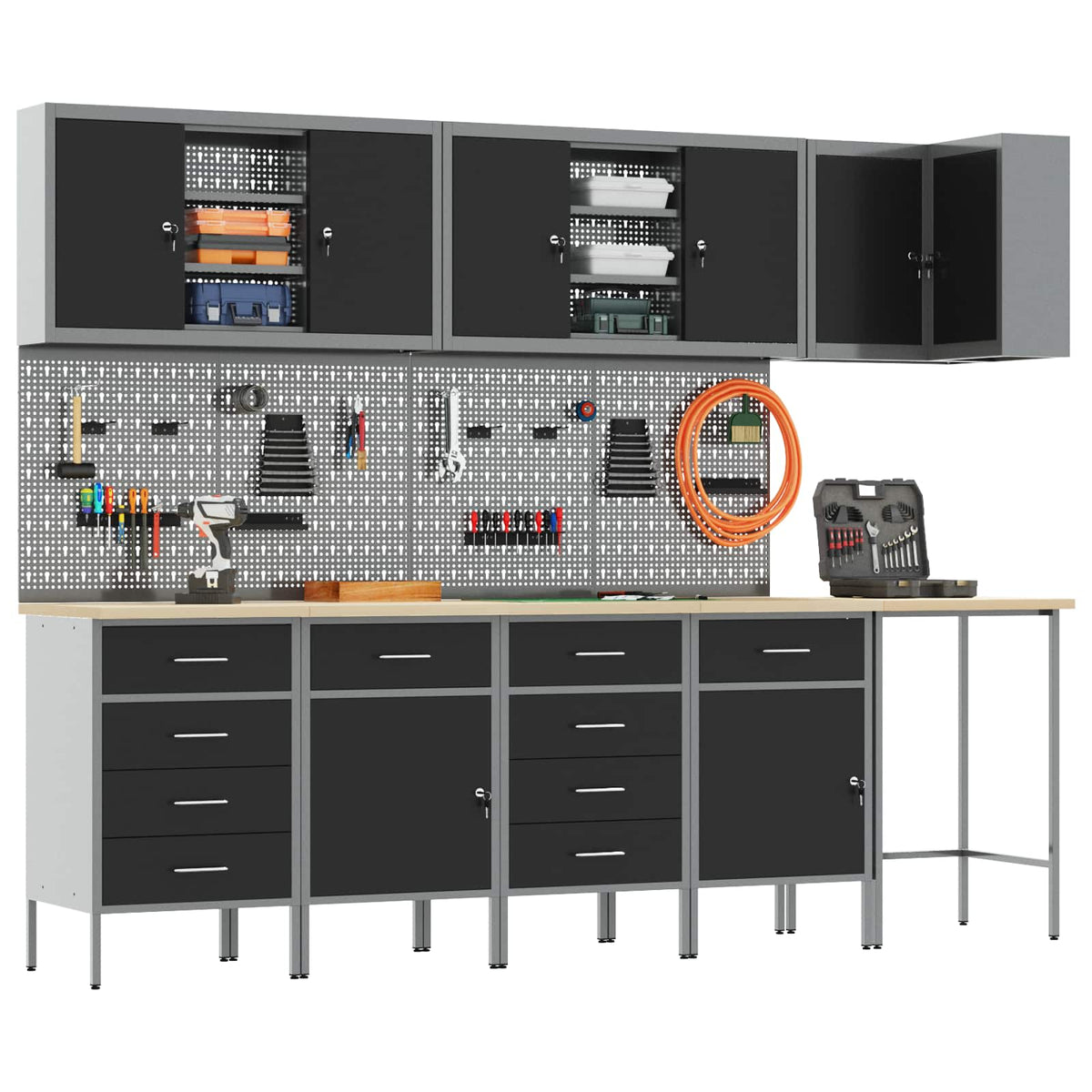 Werkstattschrank-Systeme – verschiedene Ausführungen und Farben – Schwarz · 12 Schubladen + 2 Türen · Variante D – Ansicht 3