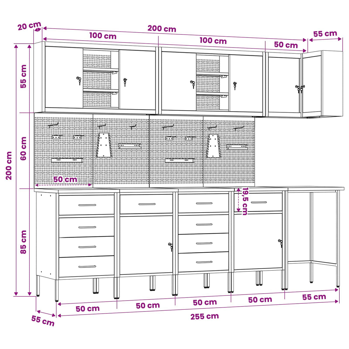Werkstattschrank-Systeme – verschiedene Ausführungen und Farben – Schwarz · 12 Schubladen + 2 Türen · Variante D – Ansicht 15