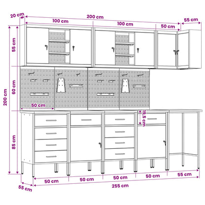 Werkstattschrank-Systeme – verschiedene Ausführungen und Farben – Rot · 12 Schubladen + Regal · Variante D – Ansicht 15