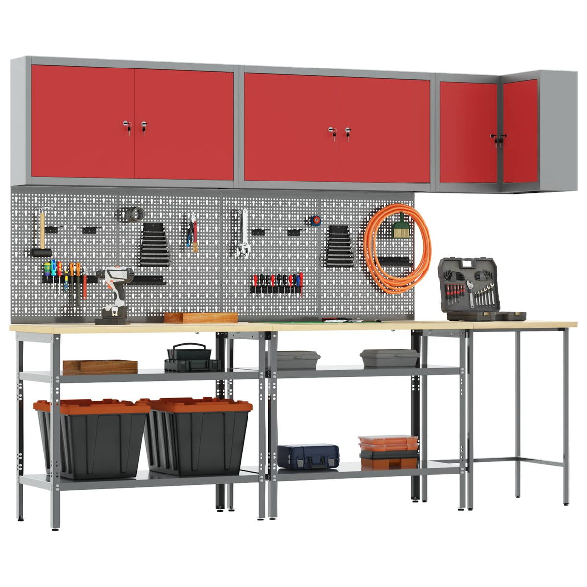Werkstattschrank-Systeme – verschiedene Ausführungen und Farben – Rot · 10 Regale mit Speicher – Ansicht 2