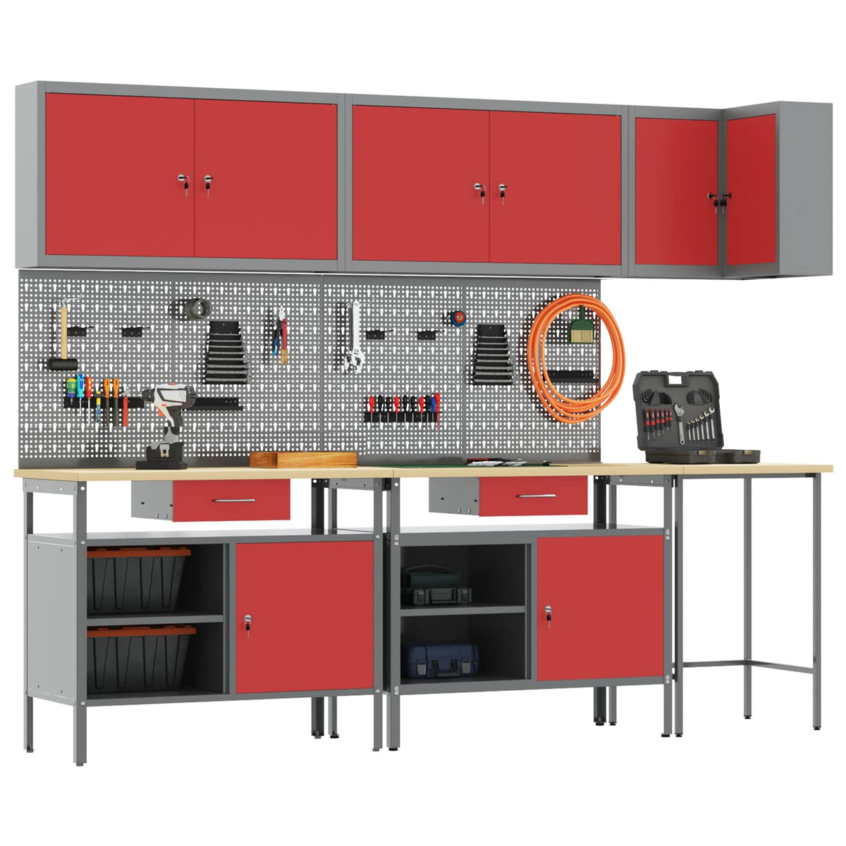 Werkstattschrank-Systeme – verschiedene Ausführungen und Farben – Rot · 10 Schubladen + Regal – Ansicht 2