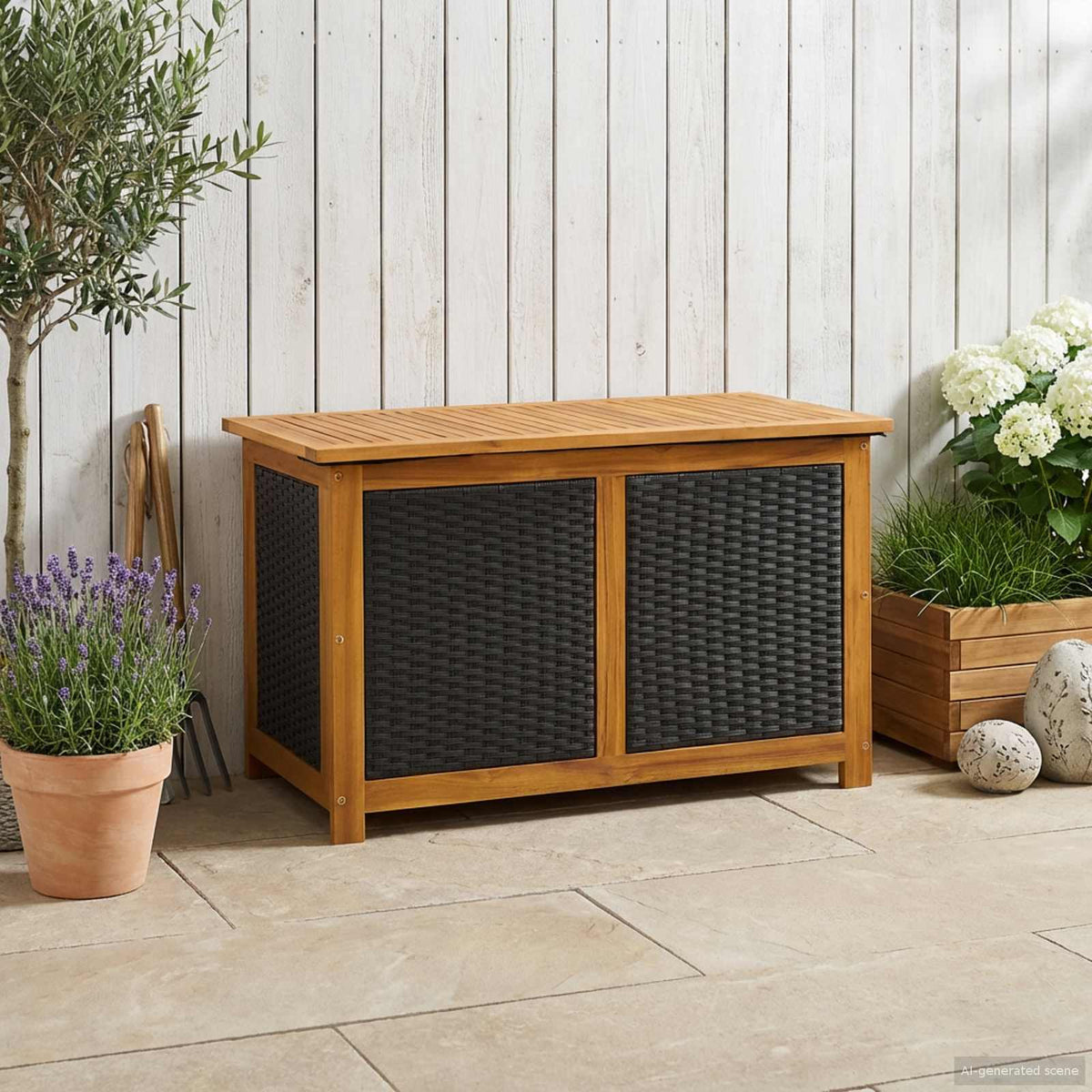 Gartenlagerboxen aus Akazienholz – verschiedene Größen und Farben – Schwarz · 90 cm – Ansicht 1