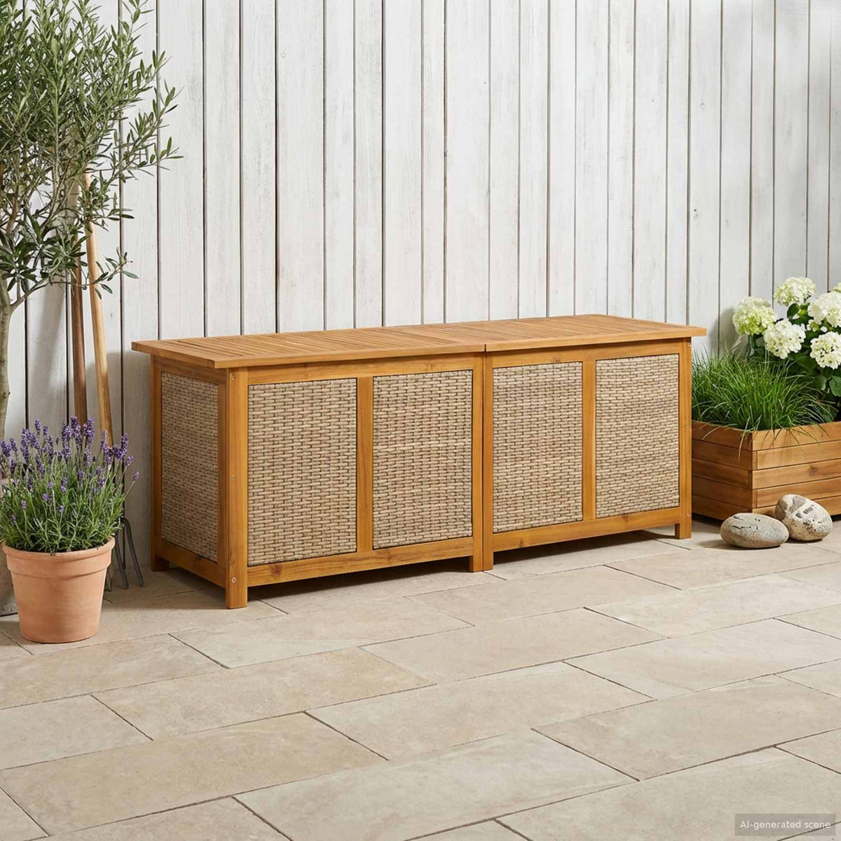 Gartenlagerboxen aus Akazienholz – verschiedene Größen und Farben – Beige · 150 cm – Ansicht 1