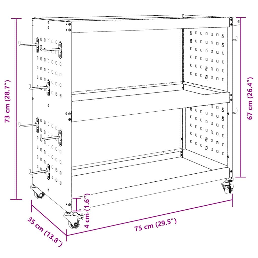 Werkzeugwagen mit 3 Ablagen – 75 × 35 × 73 cm