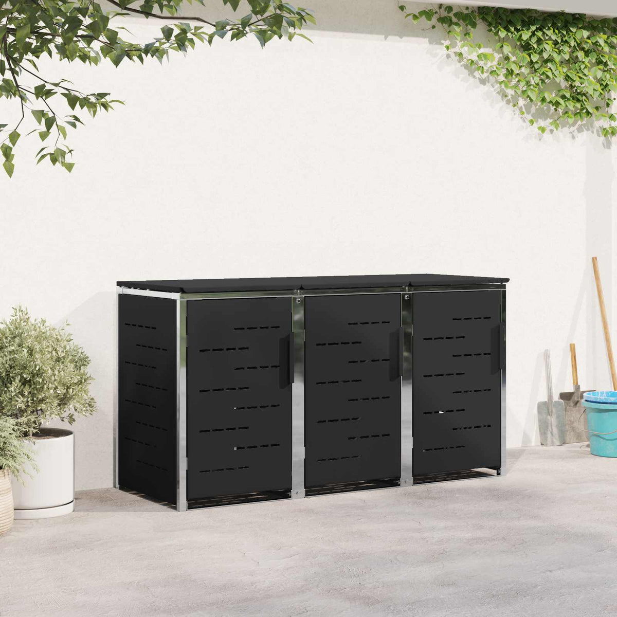 Mülltonnenboxen aus Edelstahl – verschiedene Größen und Farben – Schwarz · 3 Tonnen – Ansicht 1