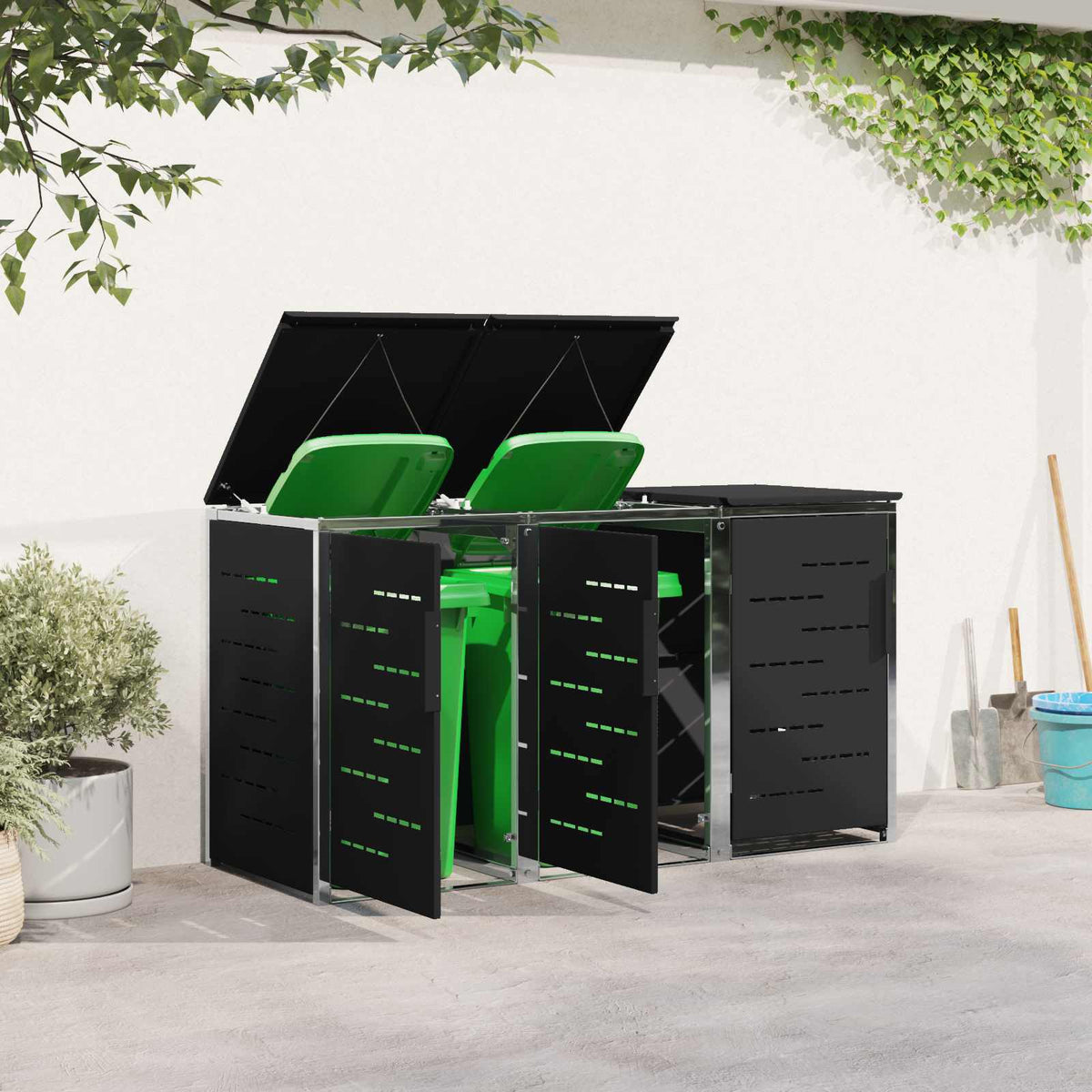 Mülltonnenboxen aus Edelstahl – verschiedene Größen und Farben – Schwarz · 3 Tonnen – Ansicht 4