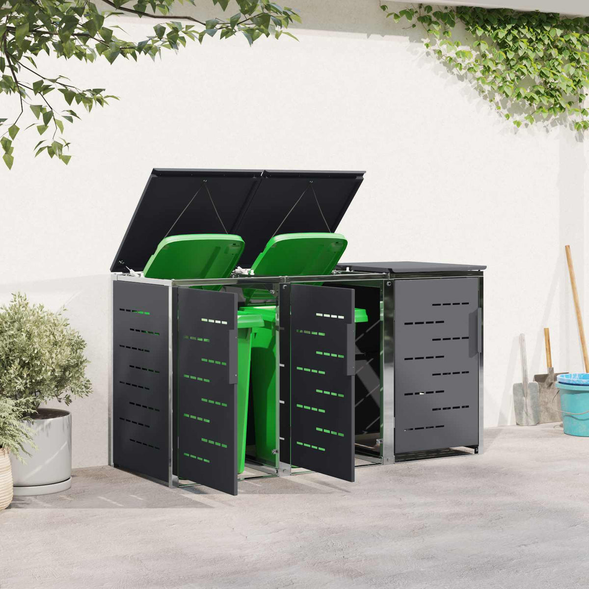 Mülltonnenboxen aus Edelstahl – verschiedene Größen und Farben – Anthrazit · 3 Tonnen – Ansicht 4
