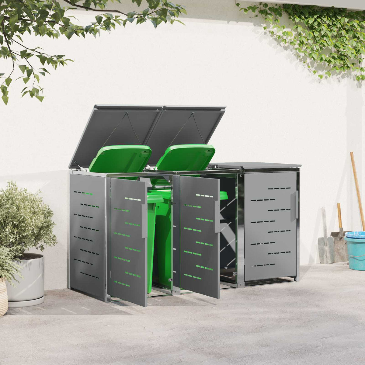 Mülltonnenboxen aus Edelstahl – verschiedene Größen und Farben – Grau · 3 Tonnen – Ansicht 4