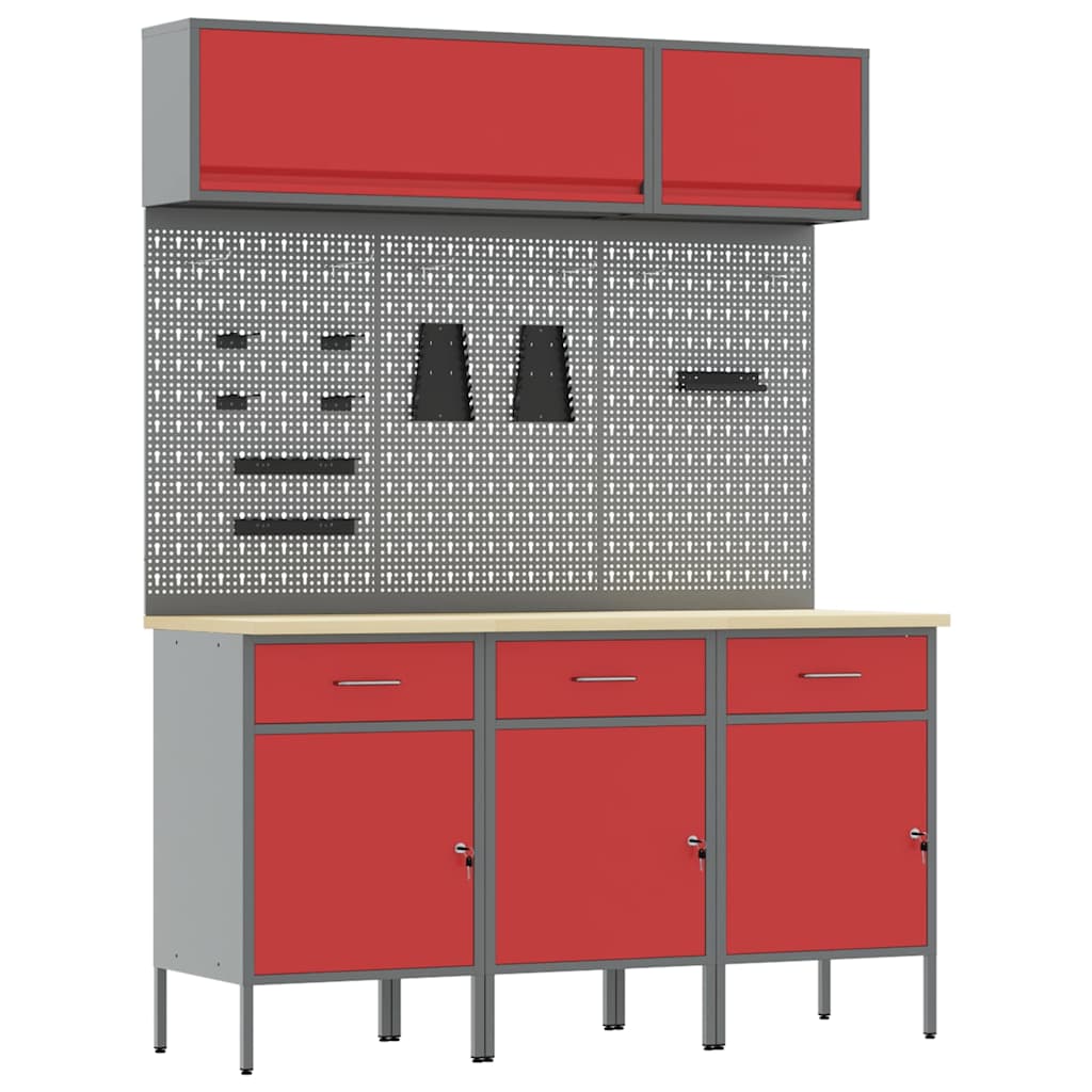 Werkstattschrank-System 150 × 55 × 200 cm – Rot – 3 Schubladen + 3 Türen