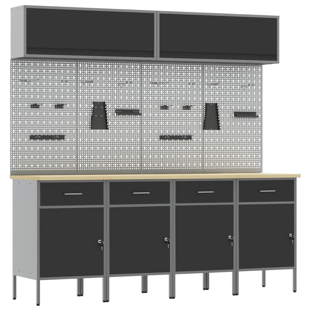 Werkstattschrank-System 200 × 55 × 200 cm – Schwarz – 4 Schubladen + 4 Türen