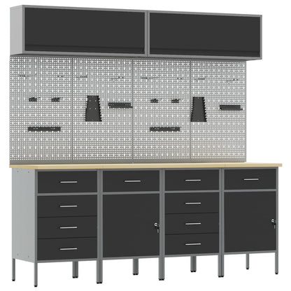 Werkstattschrank-System 200 × 55 × 200 cm – Schwarz – 10 Schubladen + 2 Türen