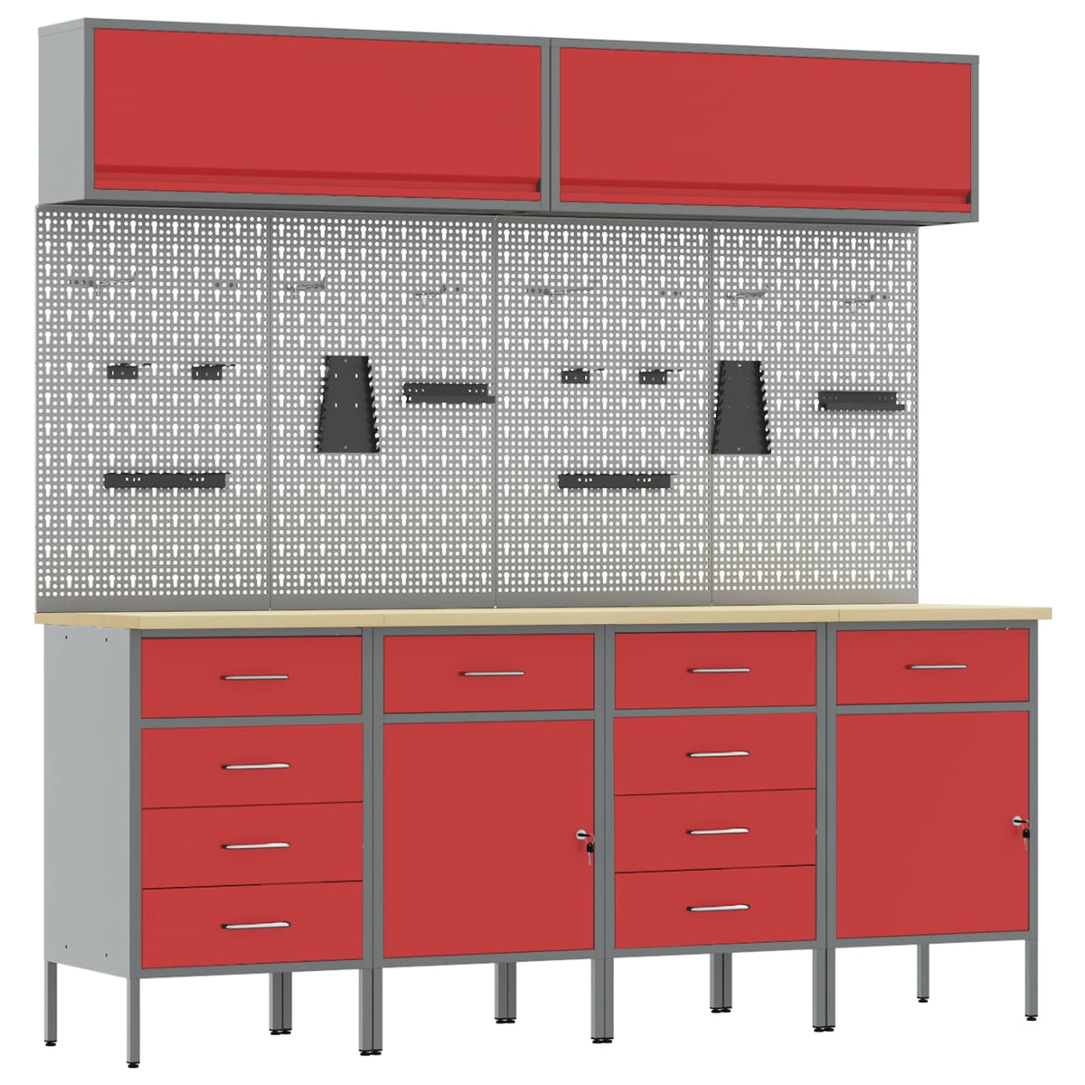 Werkstattschrank-System 200 × 55 × 200 cm – Rot – 10 Schubladen + 2 Türen