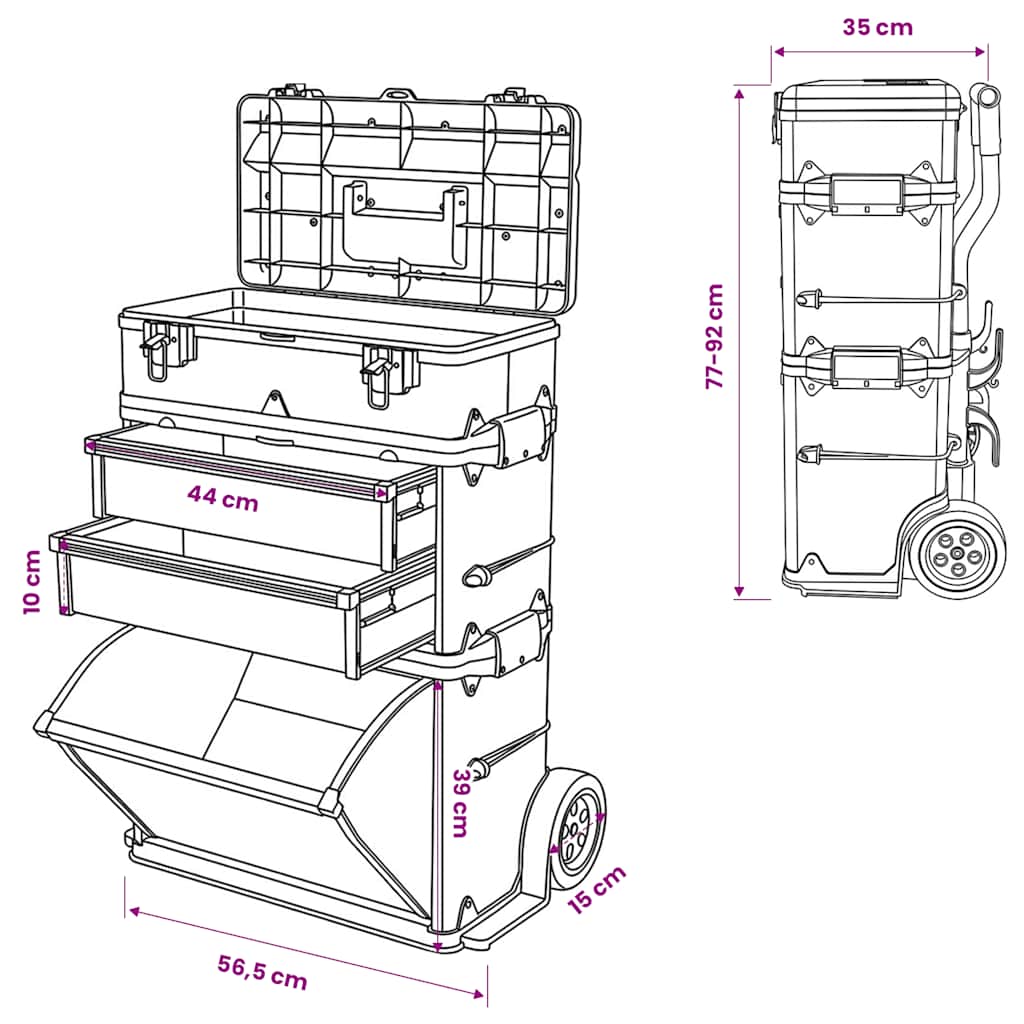 Mobiler Werkzeugtrolley 3-teilig mit Rollen – Ansicht 11