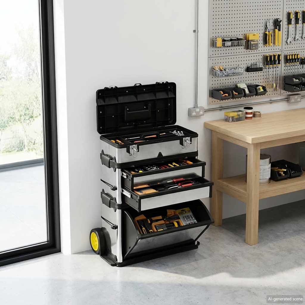 Mobiler Werkzeugtrolley 3-teilig mit Rollen – Ansicht 3