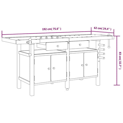 Massivholz-Werkbank 192 cm mit Schubladen & Schraubstöcken – Ansicht 10