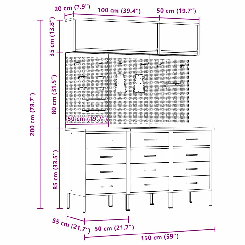 Werkstattschrank-System 8-teilig mit Schubladen & Stauraum – Schwarz – Ansicht 14